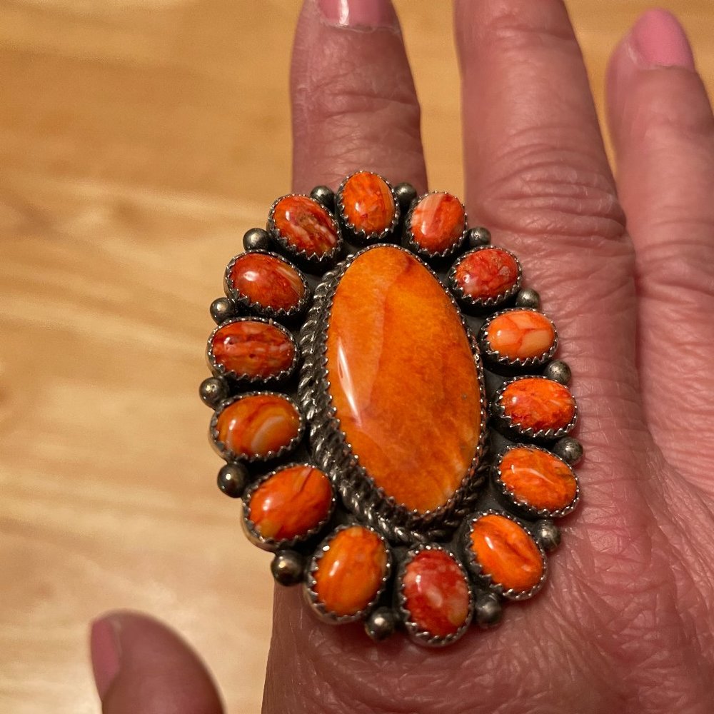 Navajo Sterling Silver Spiny Oyster Cluster Ring, size 7.5